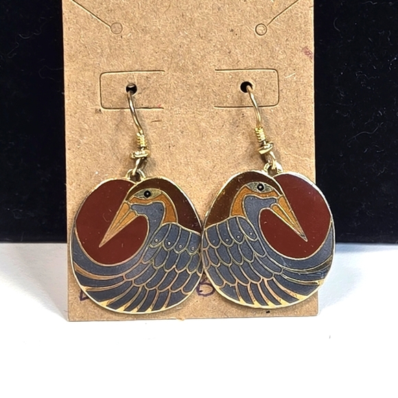 Vintage Laurel Burch Nile Bird Cloisonne Goldtone Fishhook Earring Dark Red Blue - Picture 5 of 5